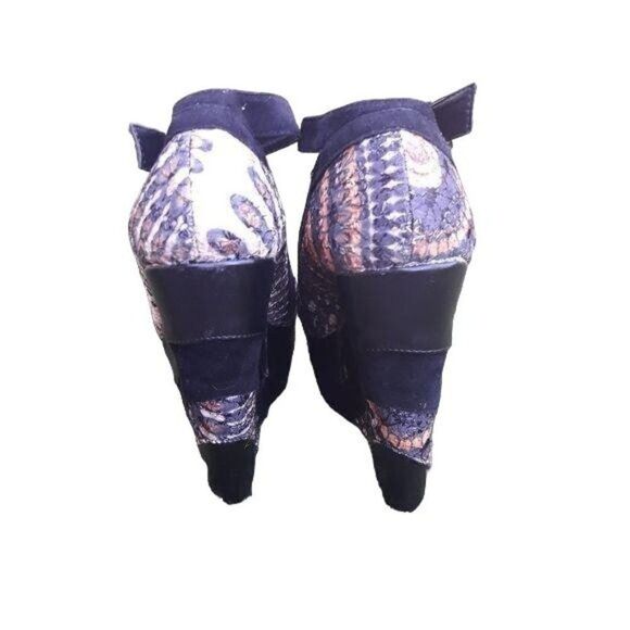 90's Platform Wedge Aztec Tapestry Patchwork Ankle Strap Open Toe Black 5.5 - Picture 3 of 8